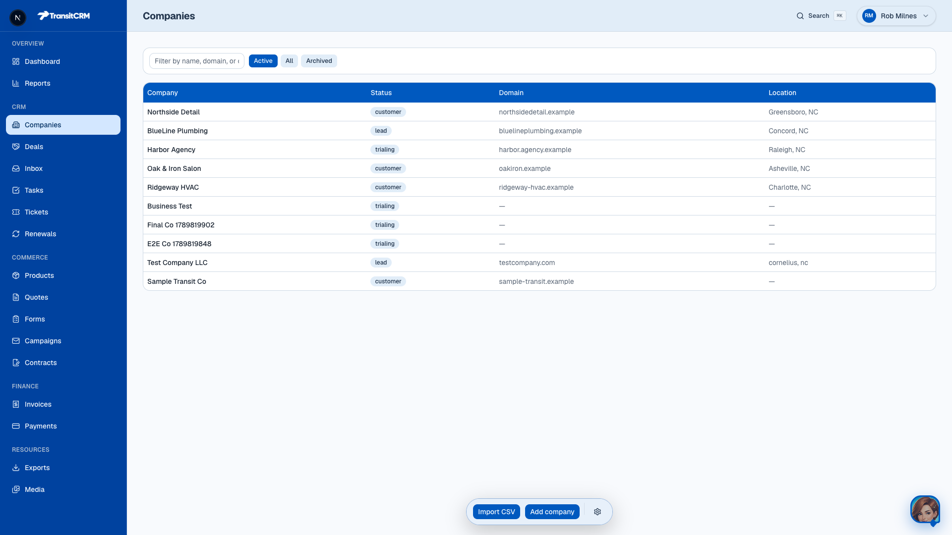 Transit CRM companies list with service businesses