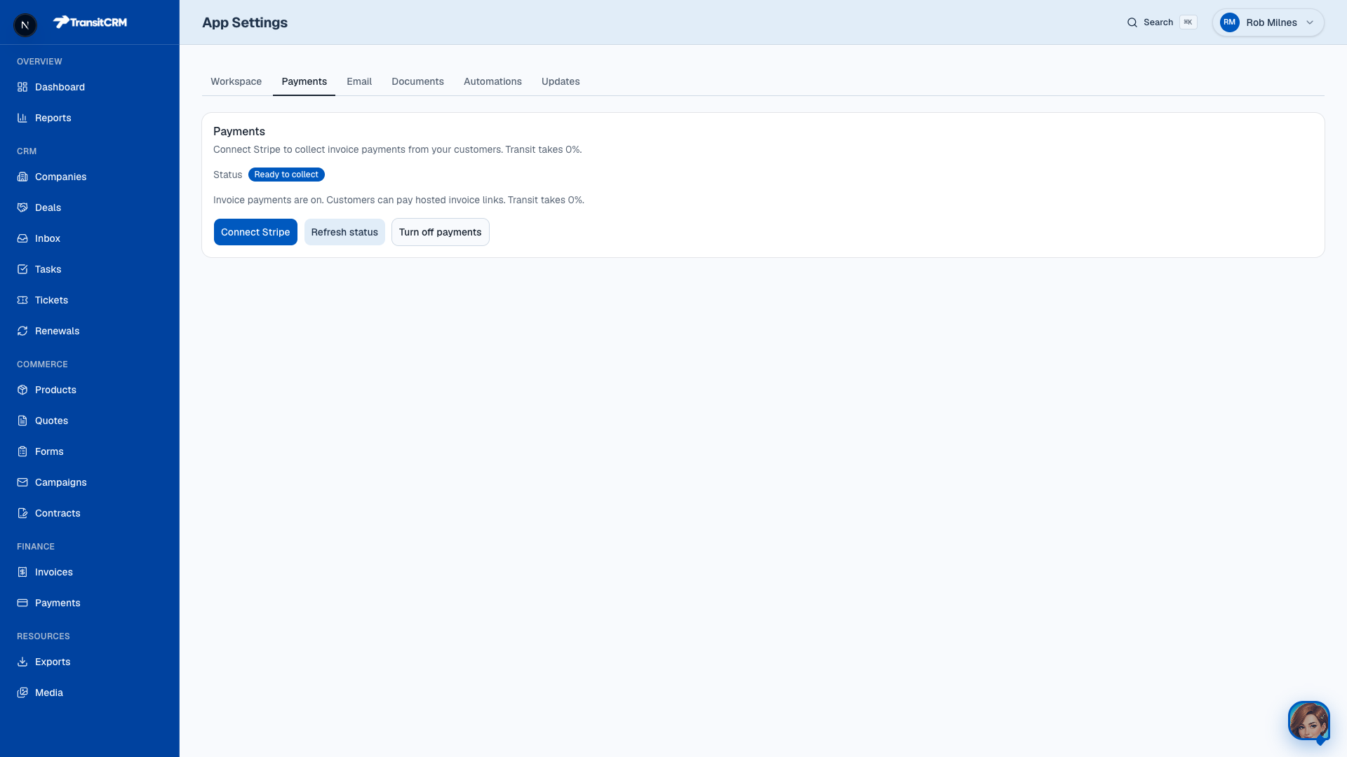 Transit CRM Settings Payments — Connect Stripe ready to collect
