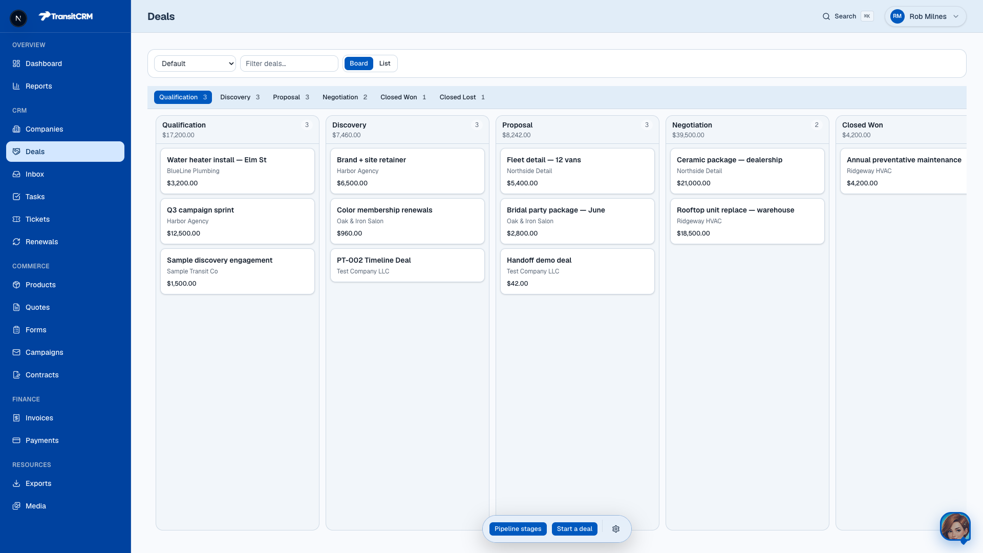 Transit CRM deals kanban board populated with jobs