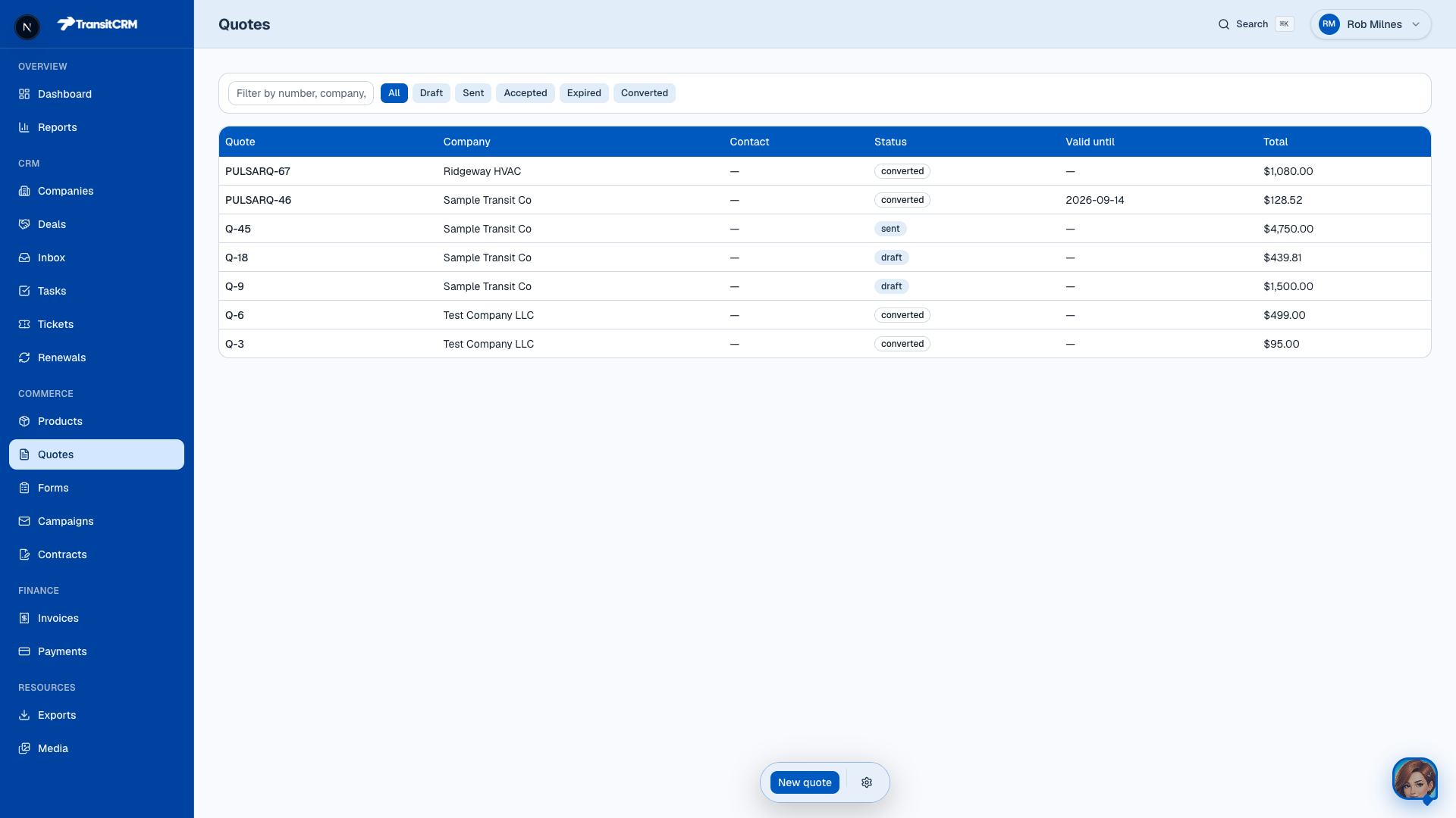 Transit CRM quotes list